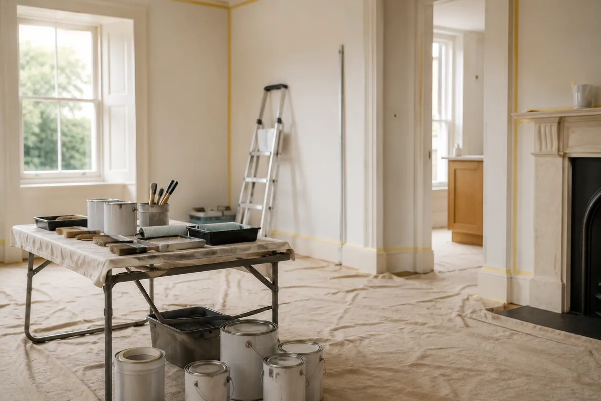 A tidy, dust-sheeted decorating worksite