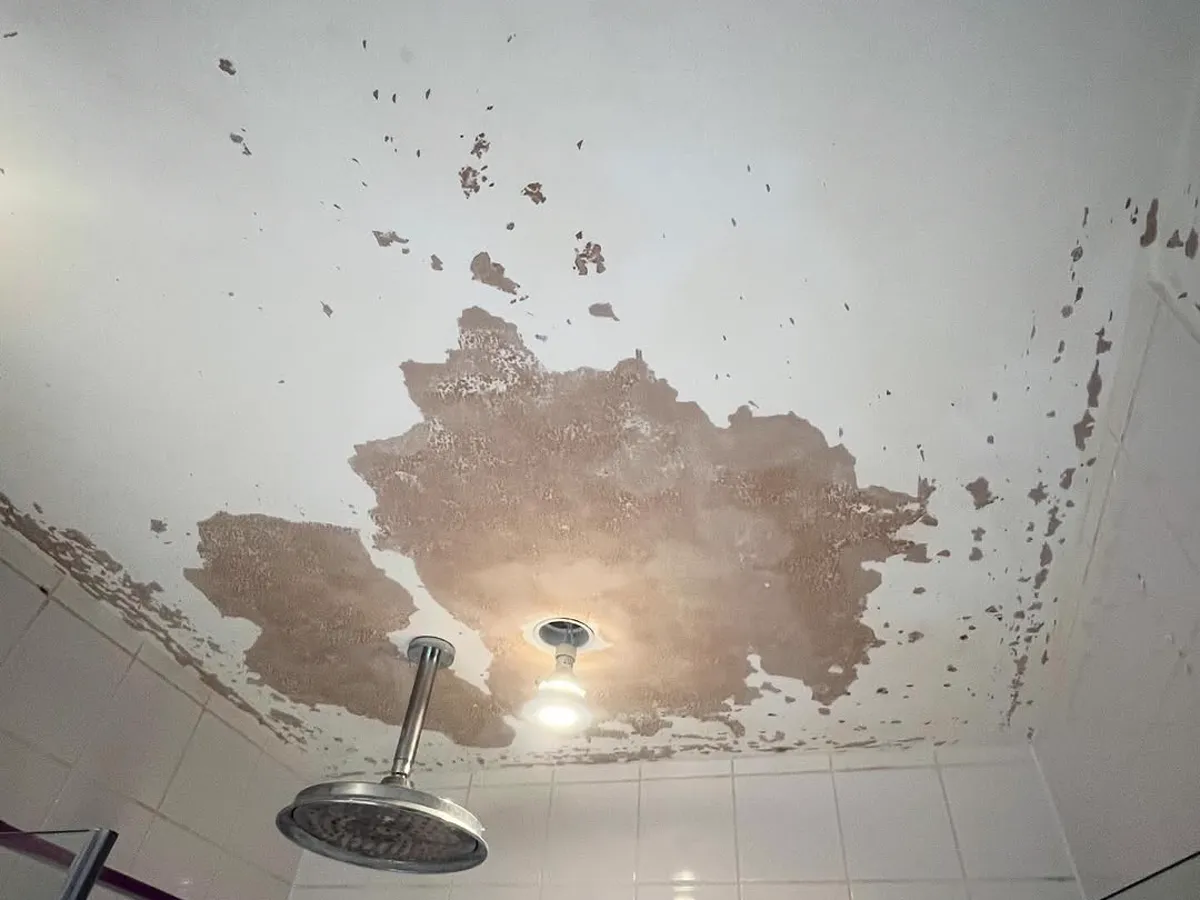 Bathroom ceiling with peeling paint and water damage before repair