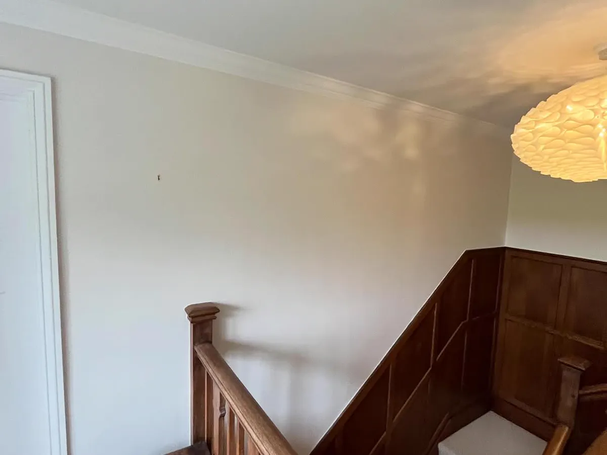 Landing with the original dark-wood staircase and bare walls before decoration