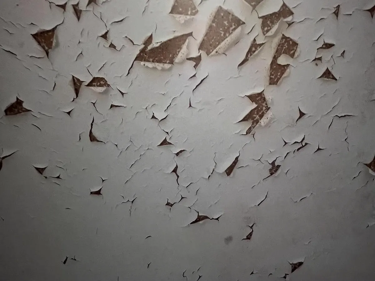 Wall with badly flaking, peeling paint before preparation