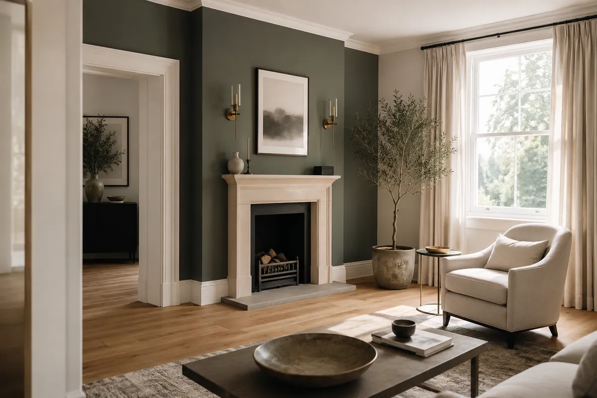 Freshly decorated living room with a sage feature wall and crisp white woodwork