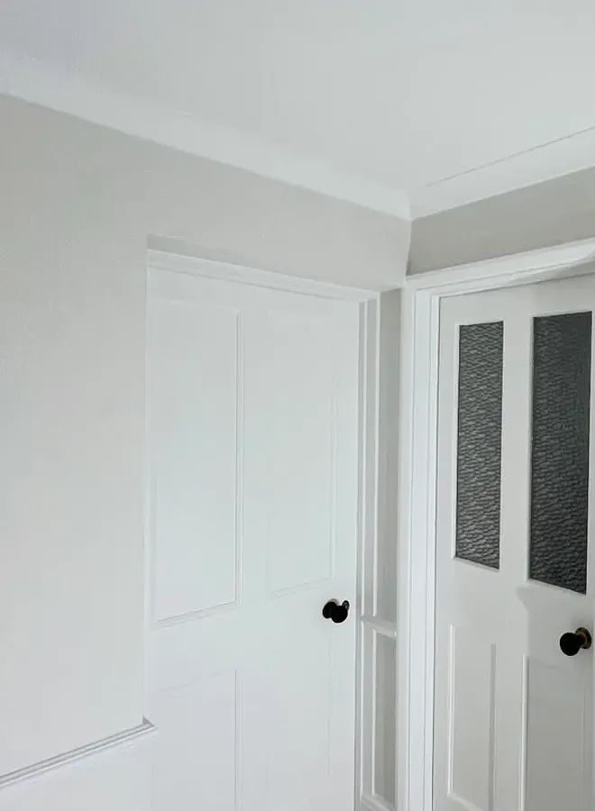 Finished room freshly painted white with a panel door and coving